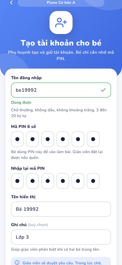 The sign-up screen with a username and a PIN