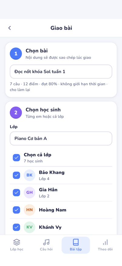The assign screen: pick a test and pick students
