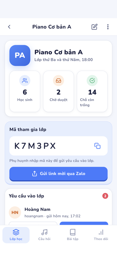 The class page with the join code and the student list