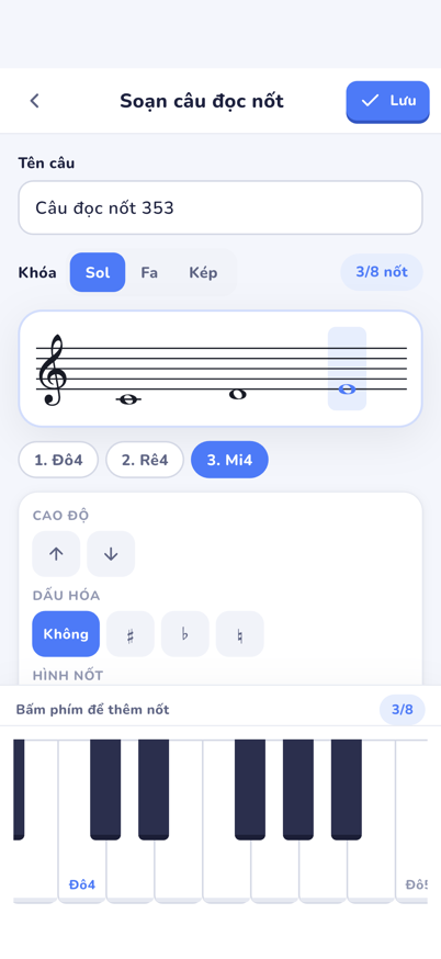 The note-reading question editor with the staff and the virtual piano