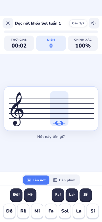 The student’s note-reading screen with the staff and the note-name keys